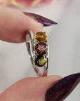 Green Tourmaline, Pink Tourmaline, & Yellow Tourmaline Crystal Natural Gemstone 925 Sterling Silver Ring | Size 6 - e