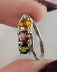 Green Tourmaline, Pink Tourmaline, & Yellow Tourmaline Crystal Natural Gemstone 925 Sterling Silver Ring | Size 6 - f