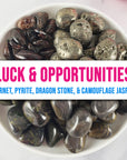 Tumbled Stones Natural Crystal Set for Luck & Opportunities | Garnet, Pyrite, Dragon Stone, Camouflage Jasper