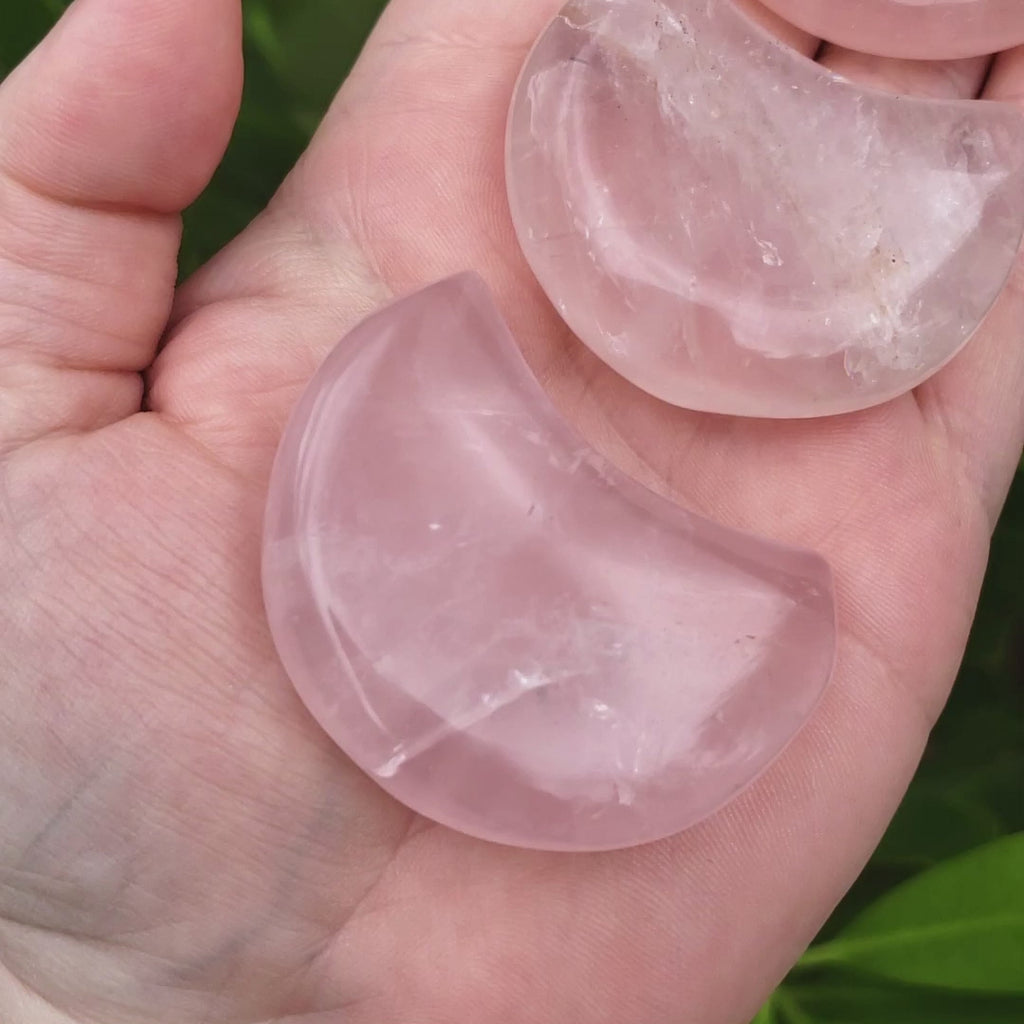 Rose Quartz Crystal Natural Gemstone Crescent Moon Carving - Chunky - Video in Outdoor Light