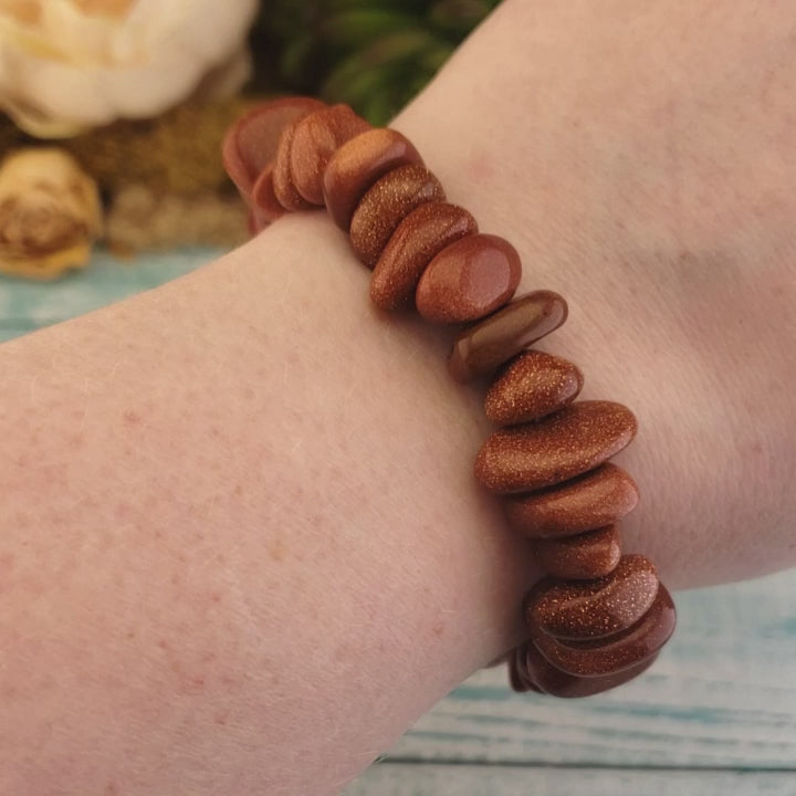 Red Goldstone Manmade Gemstone Nugget Stretch Bracelet