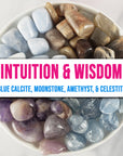 Tumbled Stones Natural Crystal Set for Intuition & Spiritual Wisdom | Blue Calcite, Moonstone, Amethyst, Celestite