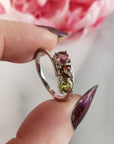 Green Tourmaline, Yellow Tourmaline, & Pink Tourmaline Crystal Natural Gemstone 925 Sterling Silver Ring | Size 6 - a