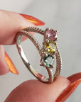 Pink Tourmaline, Yellow Tourmaline, & Blue-Green Tourmaline Crystal Natural Gemstone 925 Sterling Silver Ring | Size 9 - 1