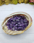 two ounces of amethyst crystal chips in abalone shell