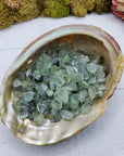 Three ounces of prehnite stone chips in abalone shell