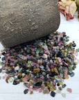 Six ounces of mixed multi tourmaline chips on display