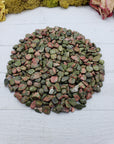 8 ounces of unakite stone chips on display