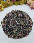 Eight ounces of mixed multi tourmaline chips on display