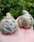 Amazonite Gemstone Happy Pumpkin Totem Jack-o-Lantern Carving - Showing Texture!