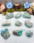 Nine rough blue aragonite stones on display