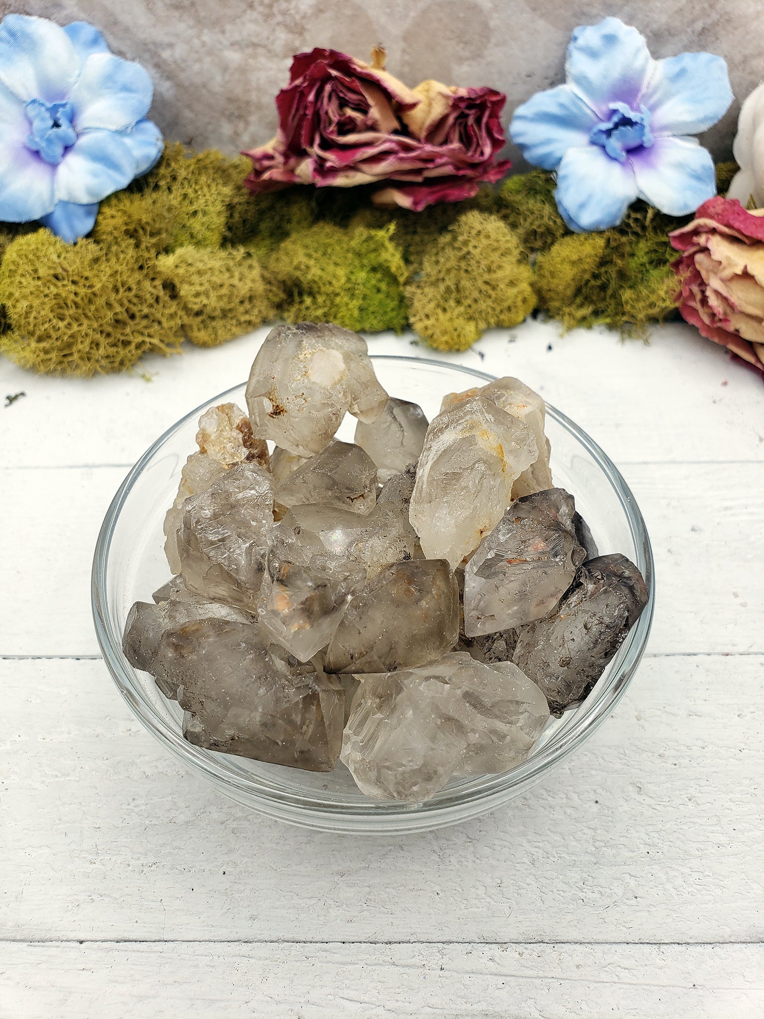 rough elestial quartz in bowl