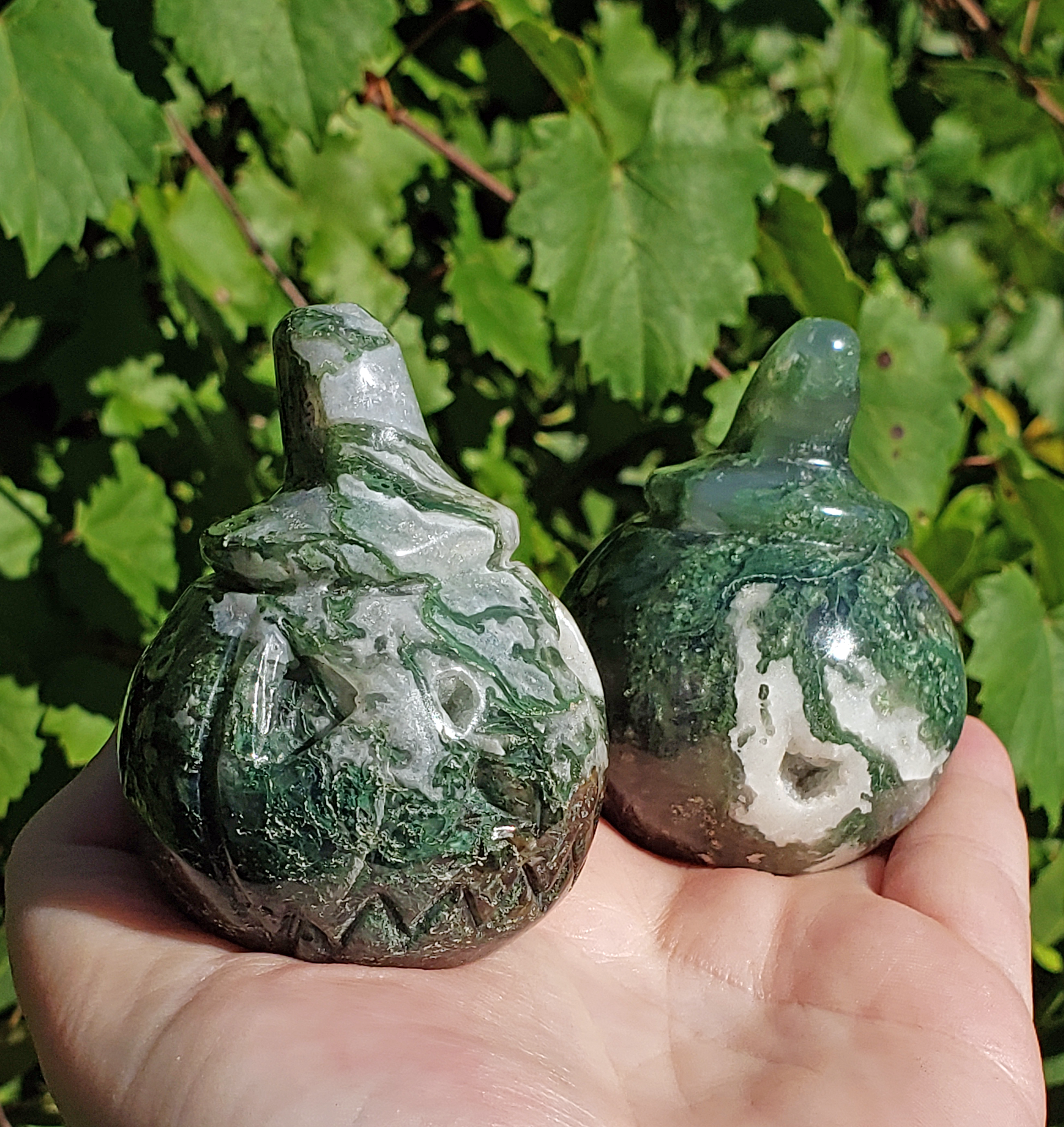 Tree Agate Gemstone Spooky Pumpkin Totem Jack-o-Lantern Carving - Natural Druzy Pocket