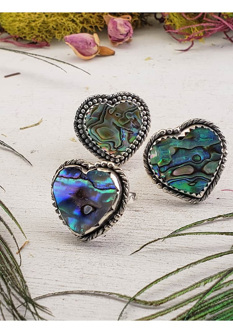 Abalone Paua Shell Gemstone Sterling Silver Heart Ring - Oceania