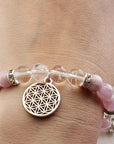 Kunzite & Clear Quartz Natural Gemstone 8mm Bead with Flower of Life Charm Bracelet | Crystal Gemstone Shop.