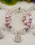 Kunzite & Clear Quartz Natural Gemstone 8mm Bead with Flower of Life Charm Bracelet