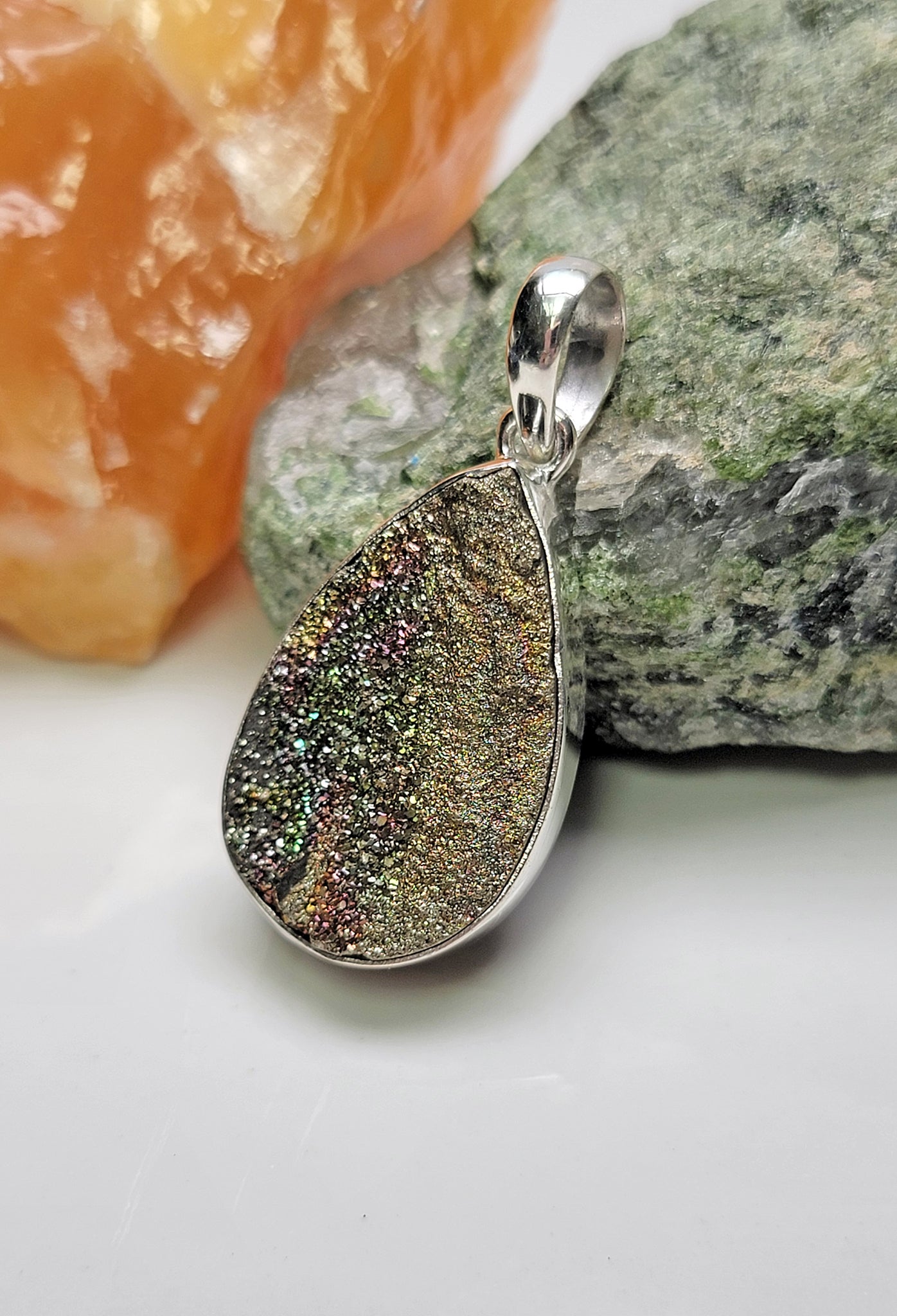 Spectro Pyrite Druzy, Rainbow Moonstone shops Pendant 2