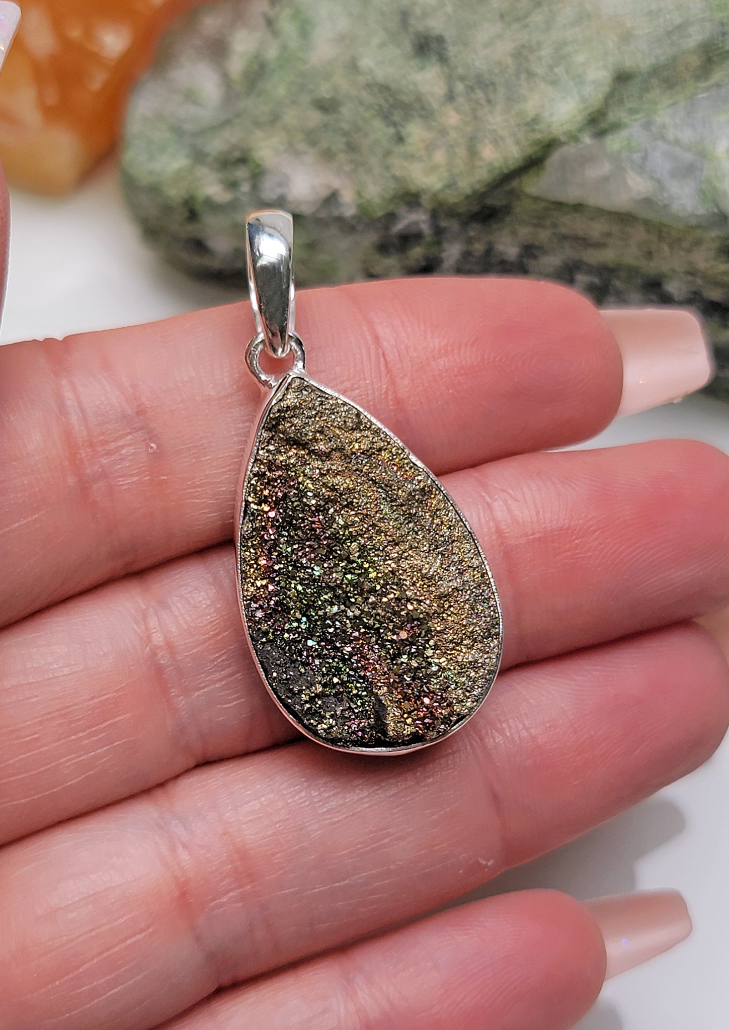 Spectro top Pyrite Druzy, Rainbow Moonstone Pendant 2