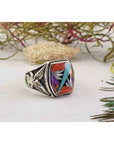 Gemstone Inlay Sterling Silver Ring with Agate, Coral, Mother of Pearl, Turquoise