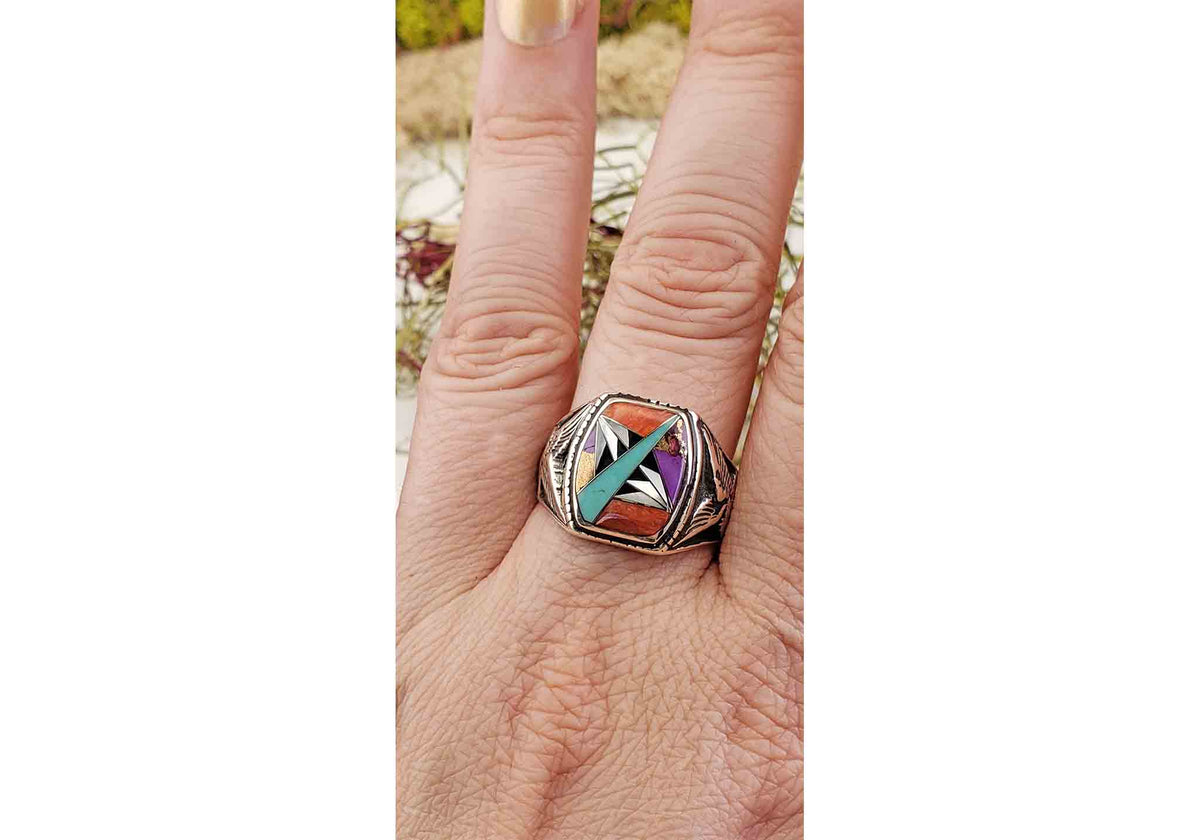 Size 13.5 - Southwest Mens Inlay Sterling Silver Ring w/ Turquoise, Mother of Pearl, Black online Onyx, Red Coral, and Blue Fire Opal Ring