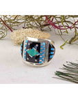 Gemstone Inlay Sterling Silver Ring with Turquoise, Mother of Pearl, Coral, Onyx