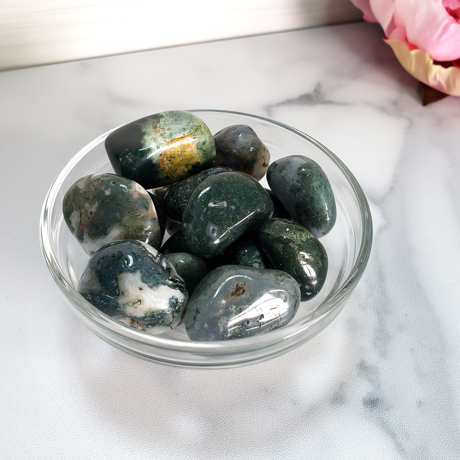 Moss Agate Natural Tumbled Crystal - One Stone - In Glass Bowl