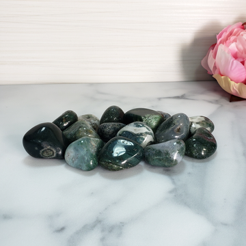 Moss Agate Natural Tumbled Crystal - One Stone - Group on Tile