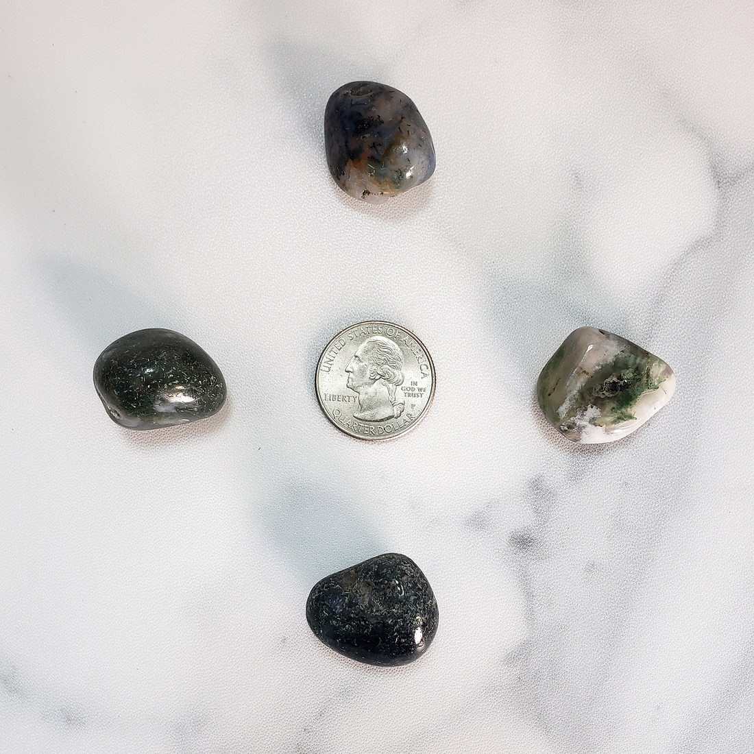 Moss Agate Natural Tumbled Crystal - One Stone - Size Comparison