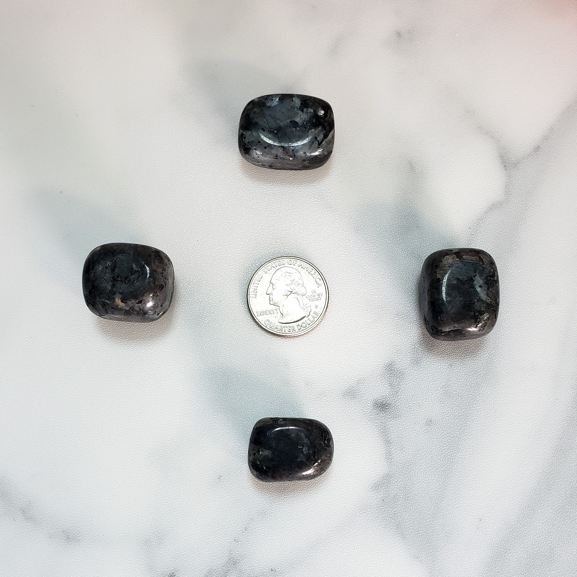 Larvikite Feldspar Natural Tumbled Crystal - One Stone - Size Comparison