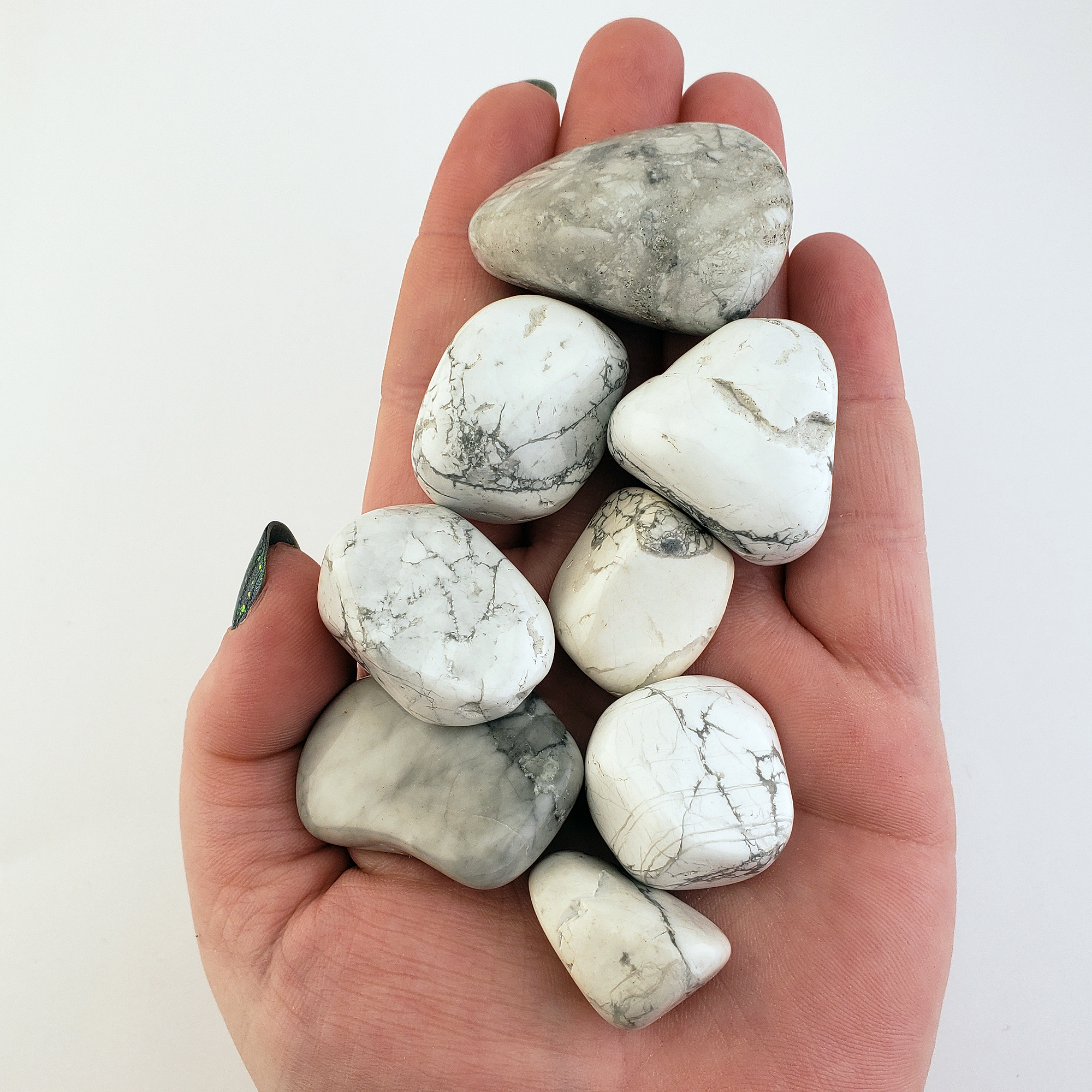 Howlite Natural Tumbled Stone - One Stone - In Hand, White Background