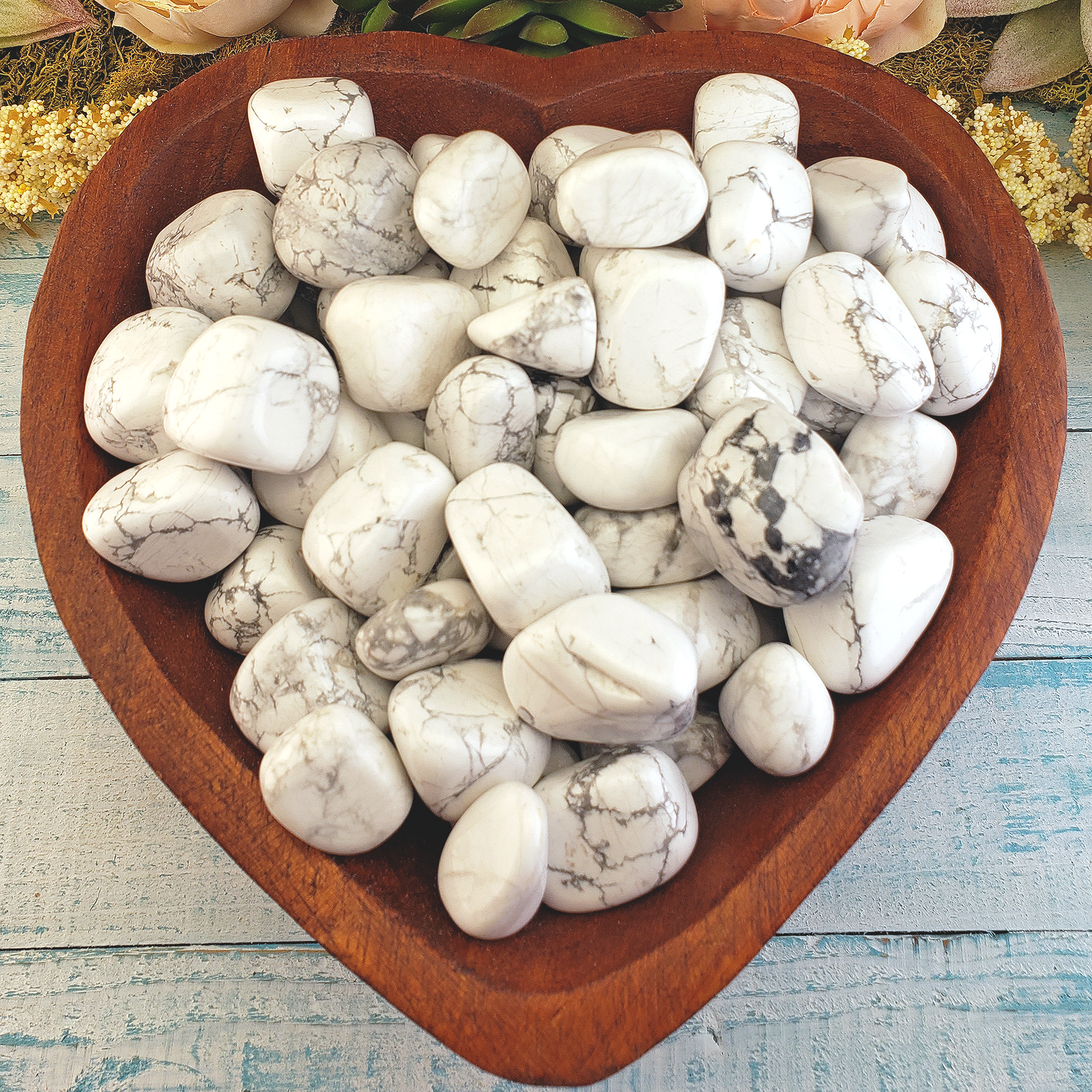 Howlite Natural Tumbled Stone - One Stone - In Wooden Decorative Bowl