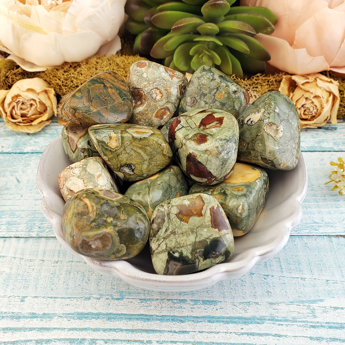 Green Rainforest Rhyolite Natural Tumbled Stone - One Stone - In White Bowl