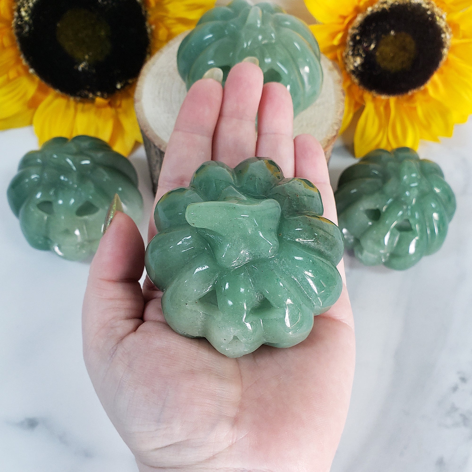 Green Aventurine Crystal Carving Natural Gemstone Jack-O-Lantern | Lucky Pumpkin - 4