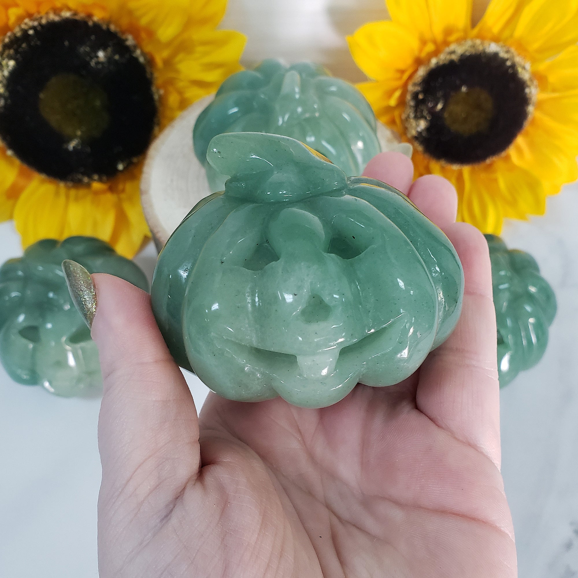 Green Aventurine Crystal Carving Natural Gemstone Jack-O-Lantern | Lucky Pumpkin - 5