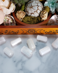 Selenite Crystal Semi-Tumbled Gemstone - One Stone - On Tile with Display