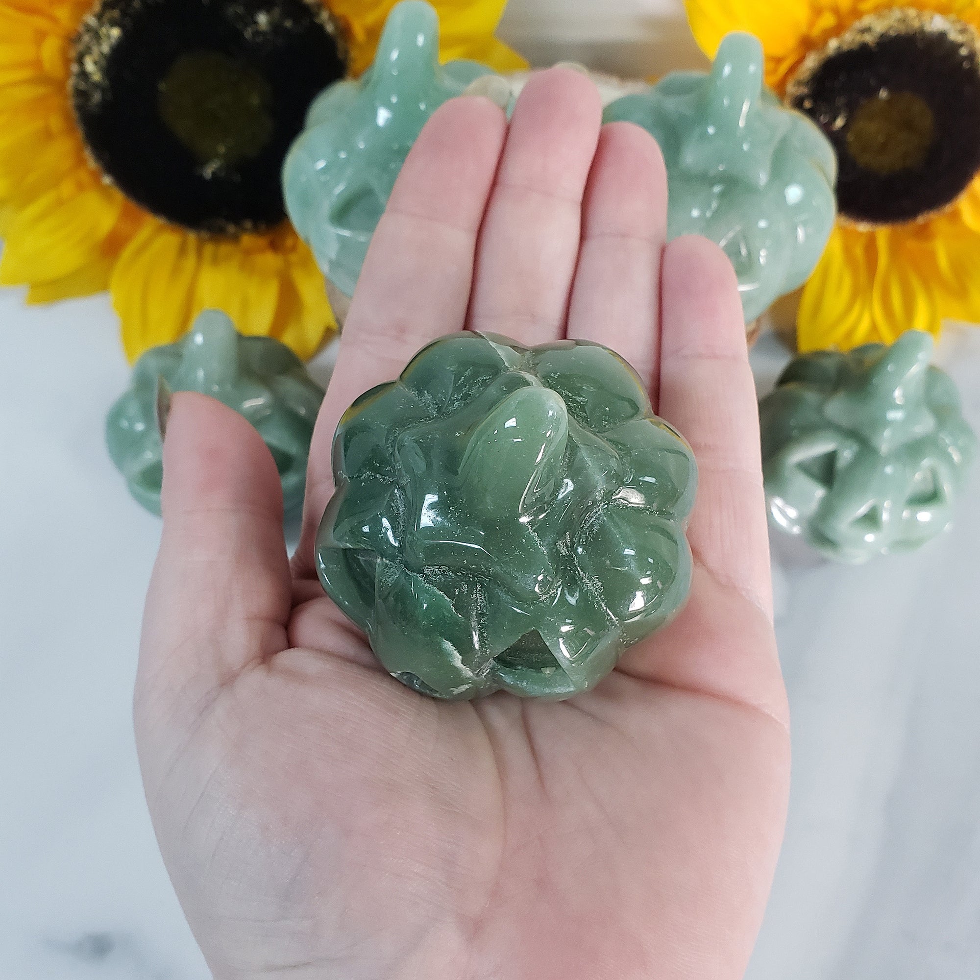 Green Aventurine Crystal Carving Natural Gemstone Jack-O-Lantern | Good Luck Pumpkin - Thanksgiving Decor