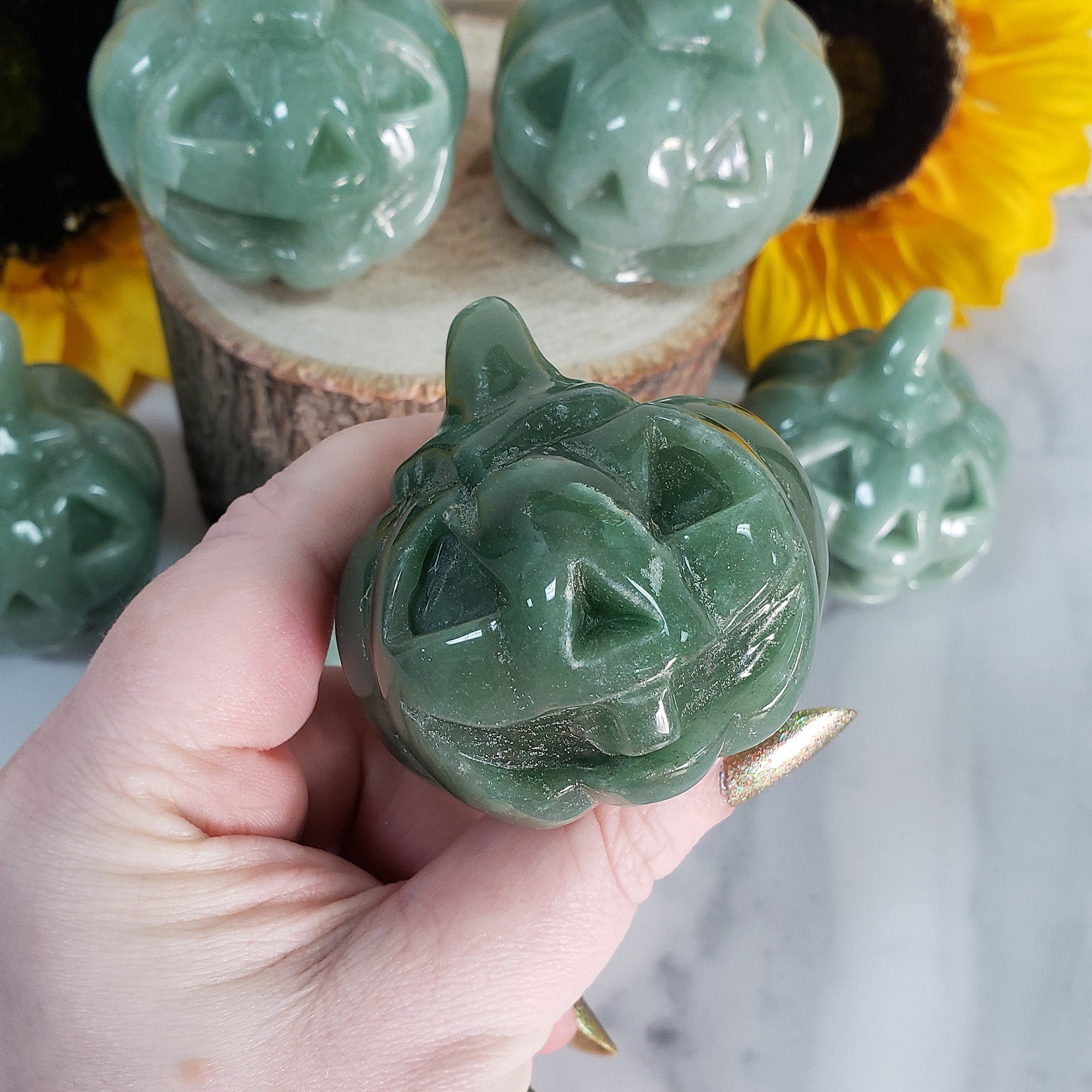 Green Aventurine Crystal Carving Natural Gemstone Jack-O-Lantern | Good Luck Pumpkin - Samhain Gifts