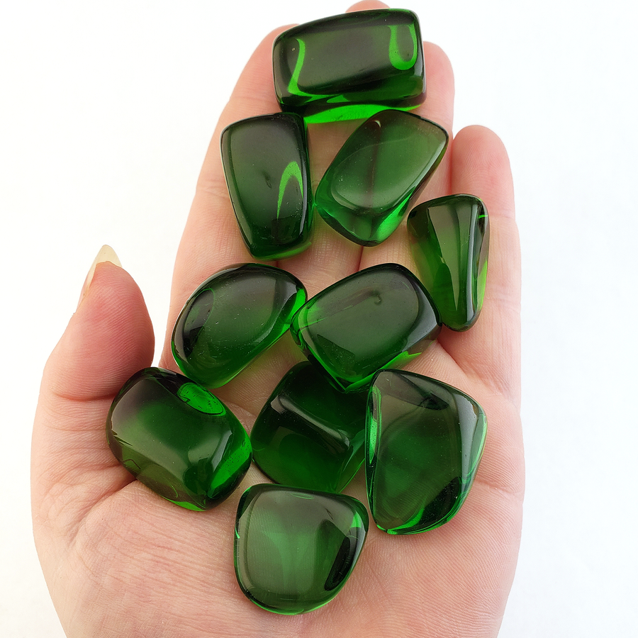 Green Obsidian Manmade Tumbled Stone - One Stone - In Hand on White Background