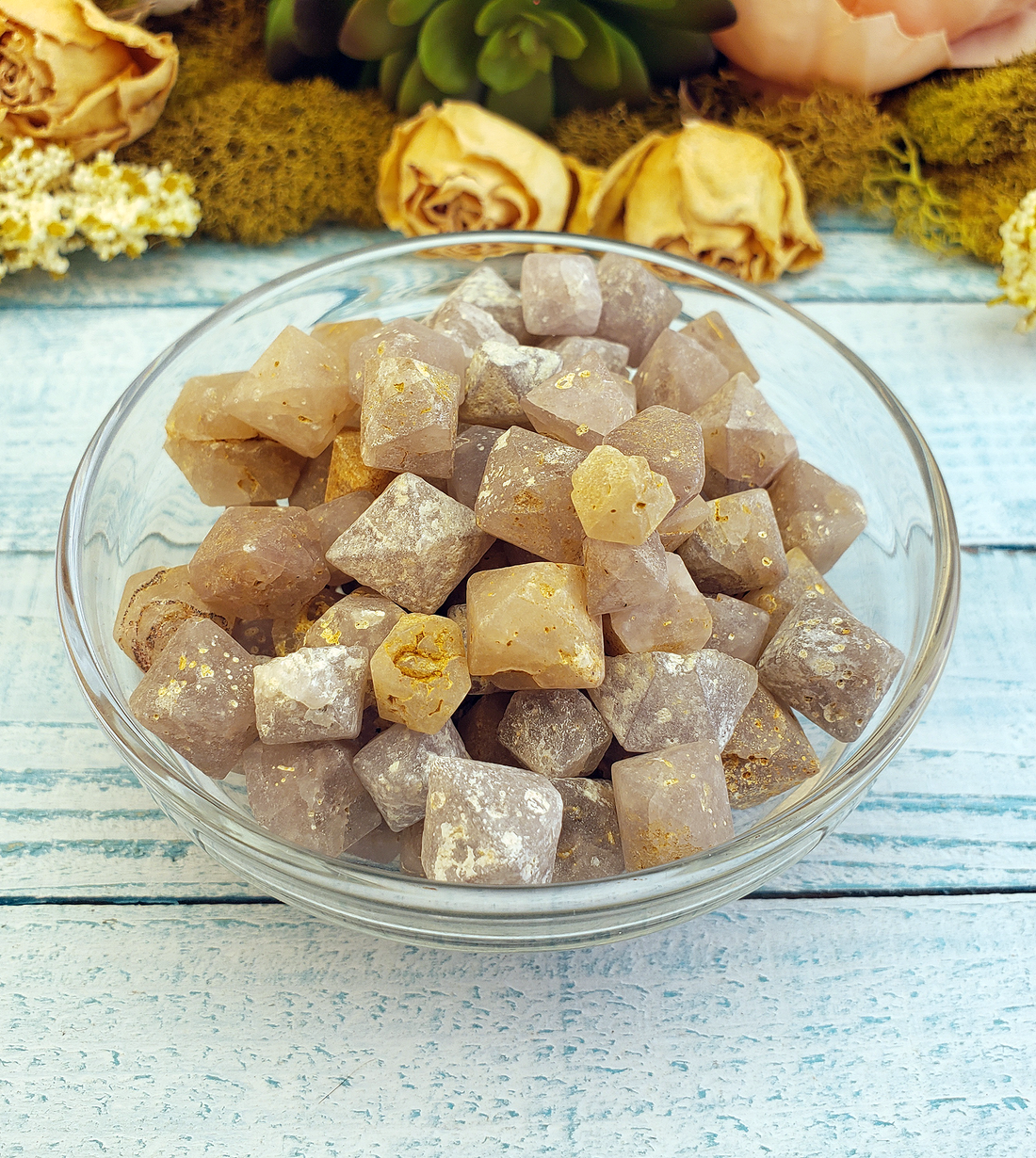 Beta Quartz Rough Natural Gemstone Octahedron - Group Photo in Bowl