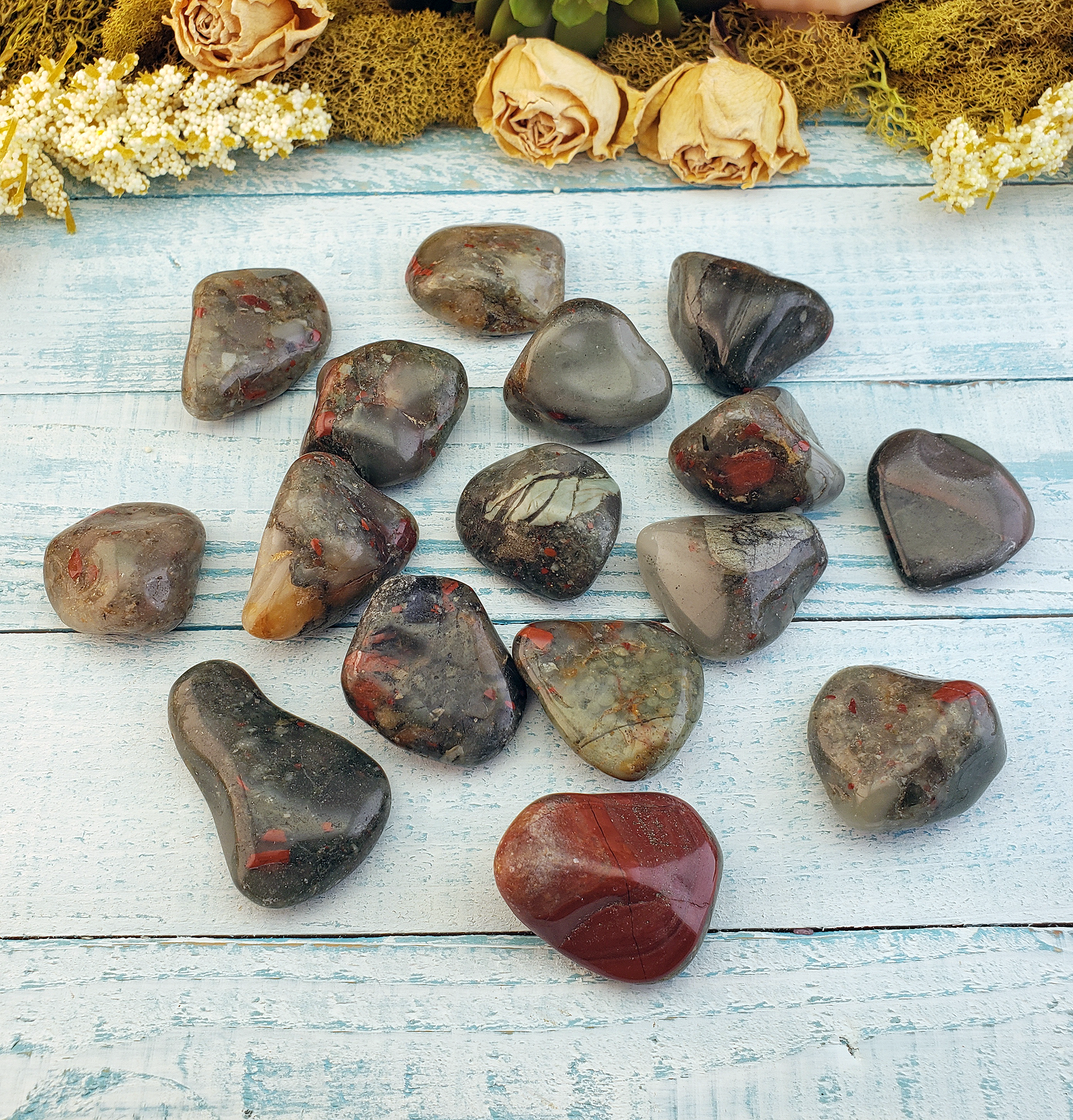 Seftonite Bloodstone Natural Tumbled Stone - Small One Stone - On Board