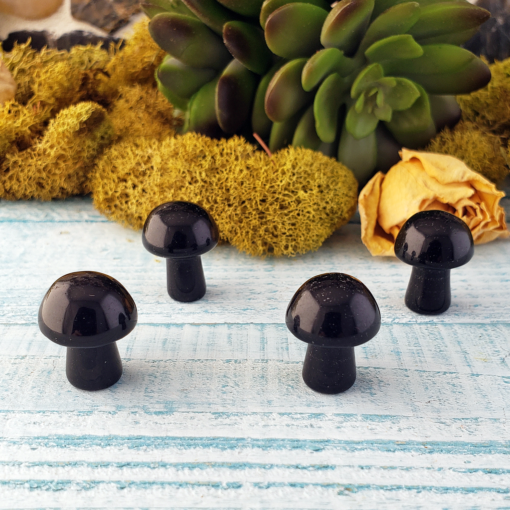 Black Obsidian Natural Gemstone Mushroom Toadstool Mini Carving - Close Up Photo of Gemstone Shrooms