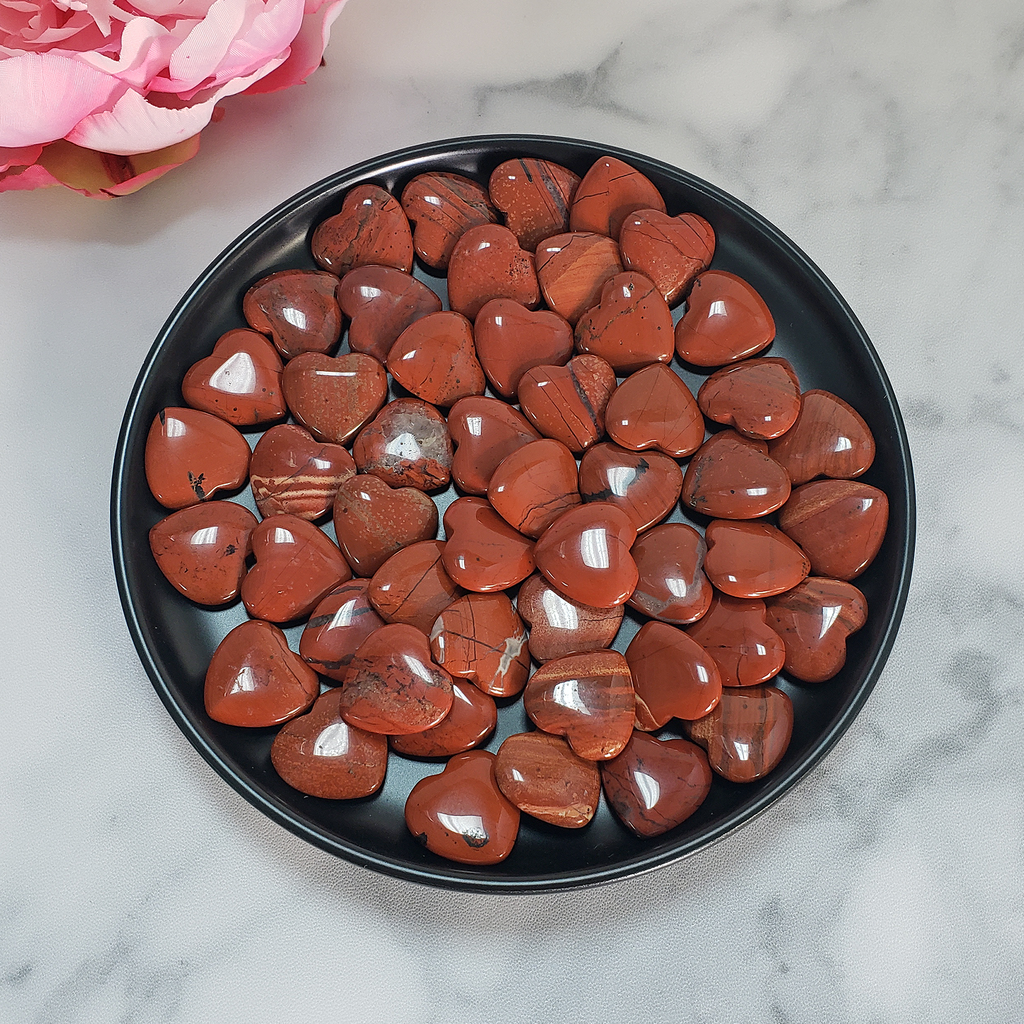 Red Jasper Stone Natural Crystal Heart Mini Carving - Red Jasper Crystal Hearts in Black Ceramic Bowl