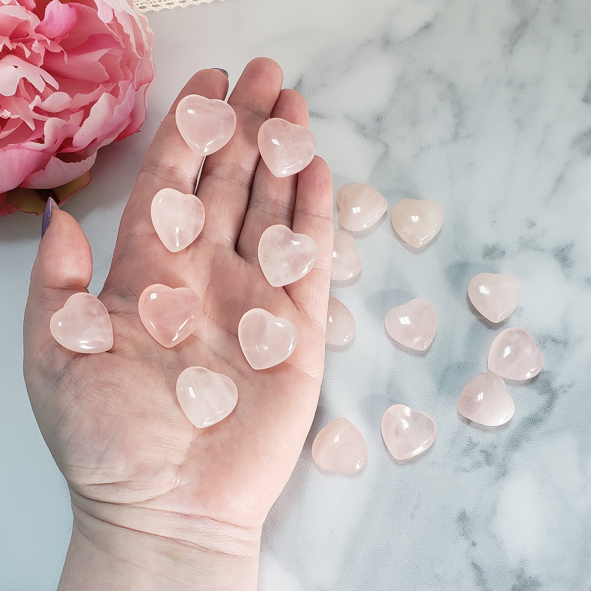 Rose Quartz Crystal Natural Gemstone Heart Mini Carving - Rose Quartz Crystal Heart Shaped Carvings in Hand and on Tile