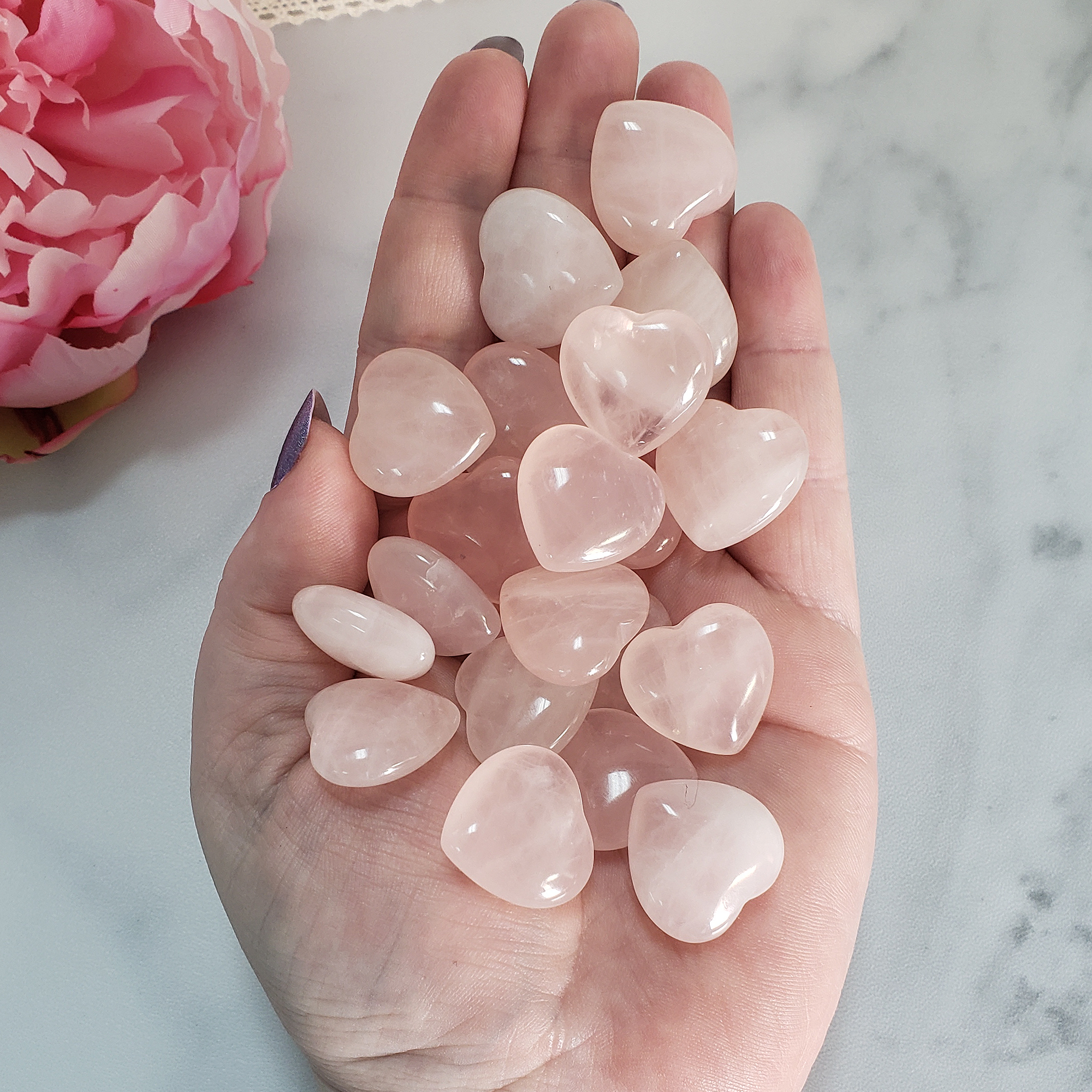 Rose Quartz Crystal Natural Gemstone Heart Mini Carving - Rose Quartz Crystal Hearts in Hand
