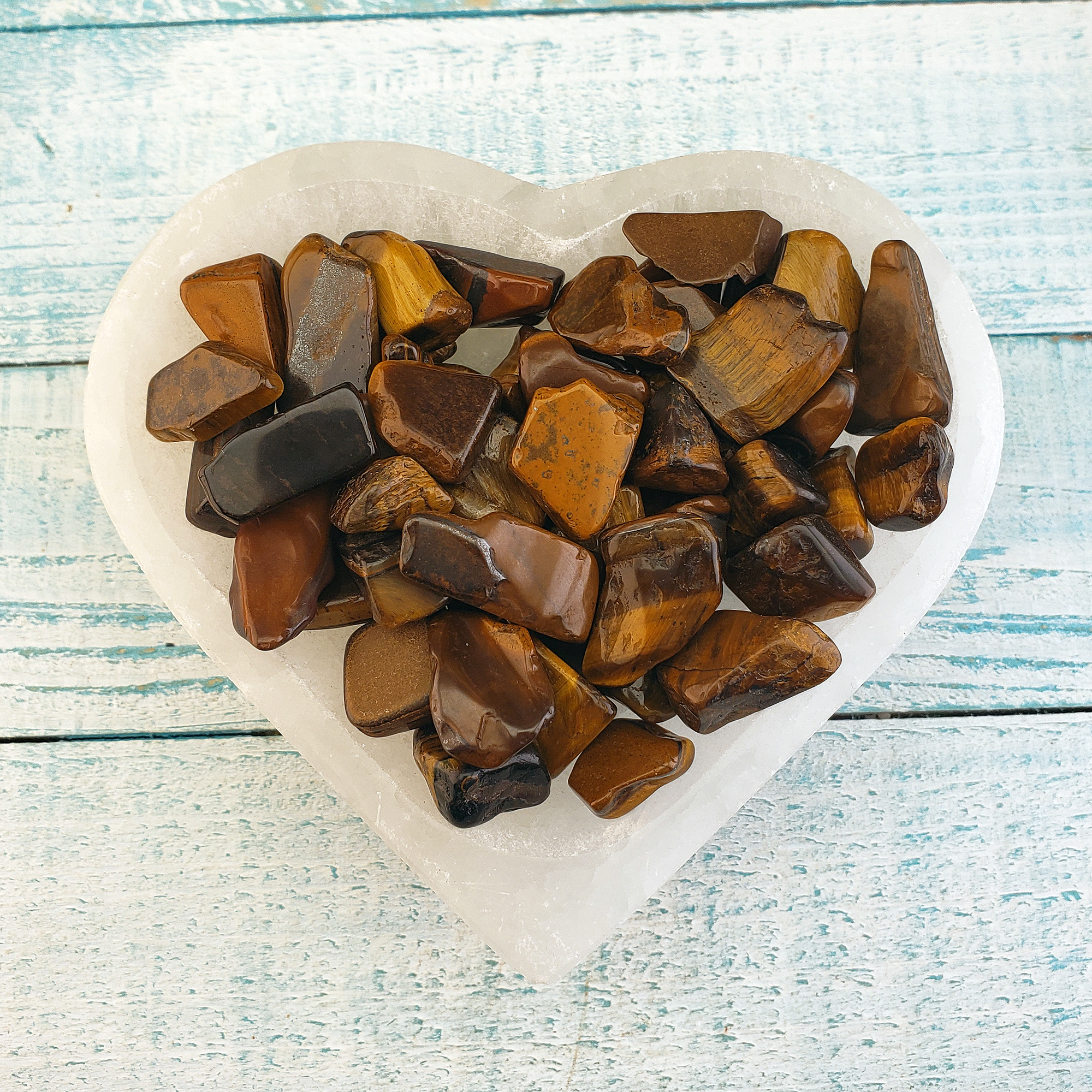 Freeform Tigers Eye Pebble Chips - By the Ounce - In Selenite Bowl