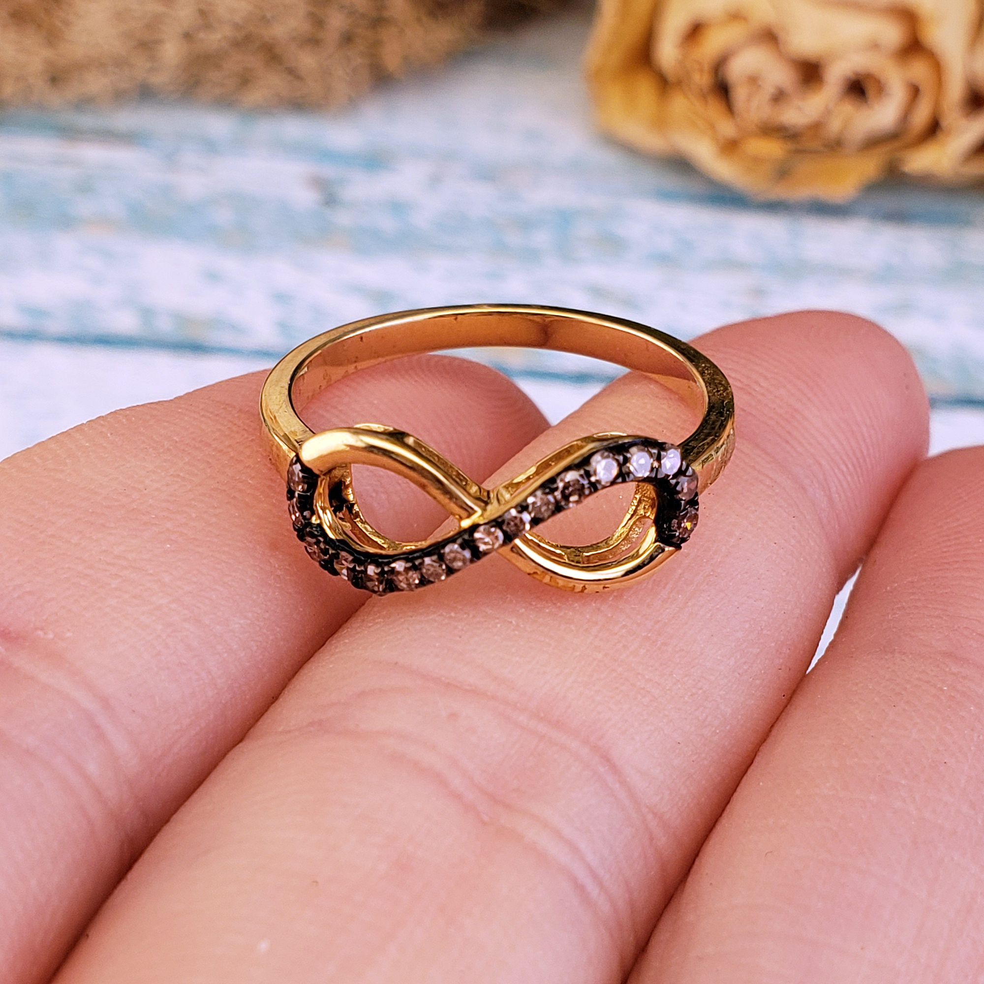 Infinity Symbol 10k Yellow Gold Champagne Diamond Ring - Size 6.75 - Close Up In Hand