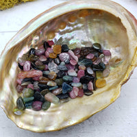 One ounce of mixed multi tourmaline chips in abalone shell