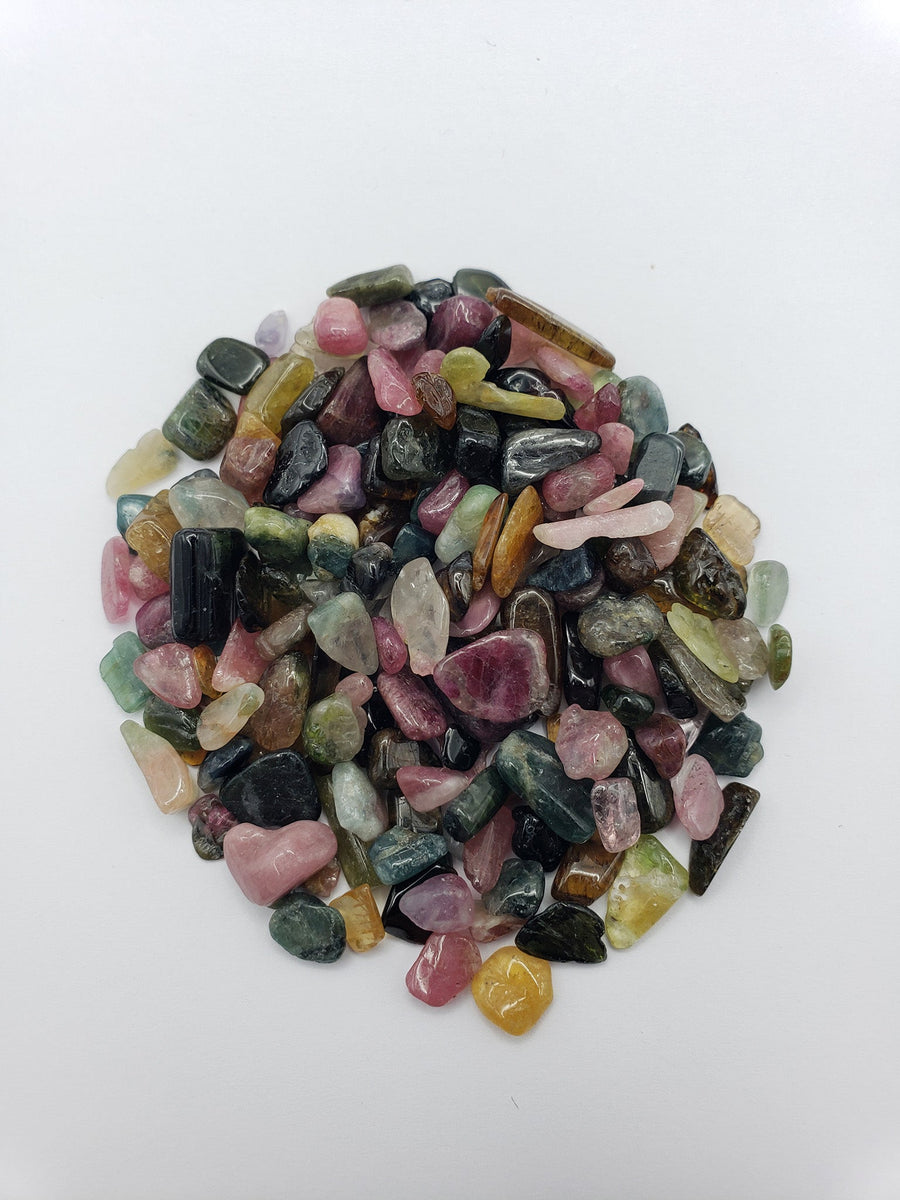 One ounce of mixed multi tourmaline crystal chips on display