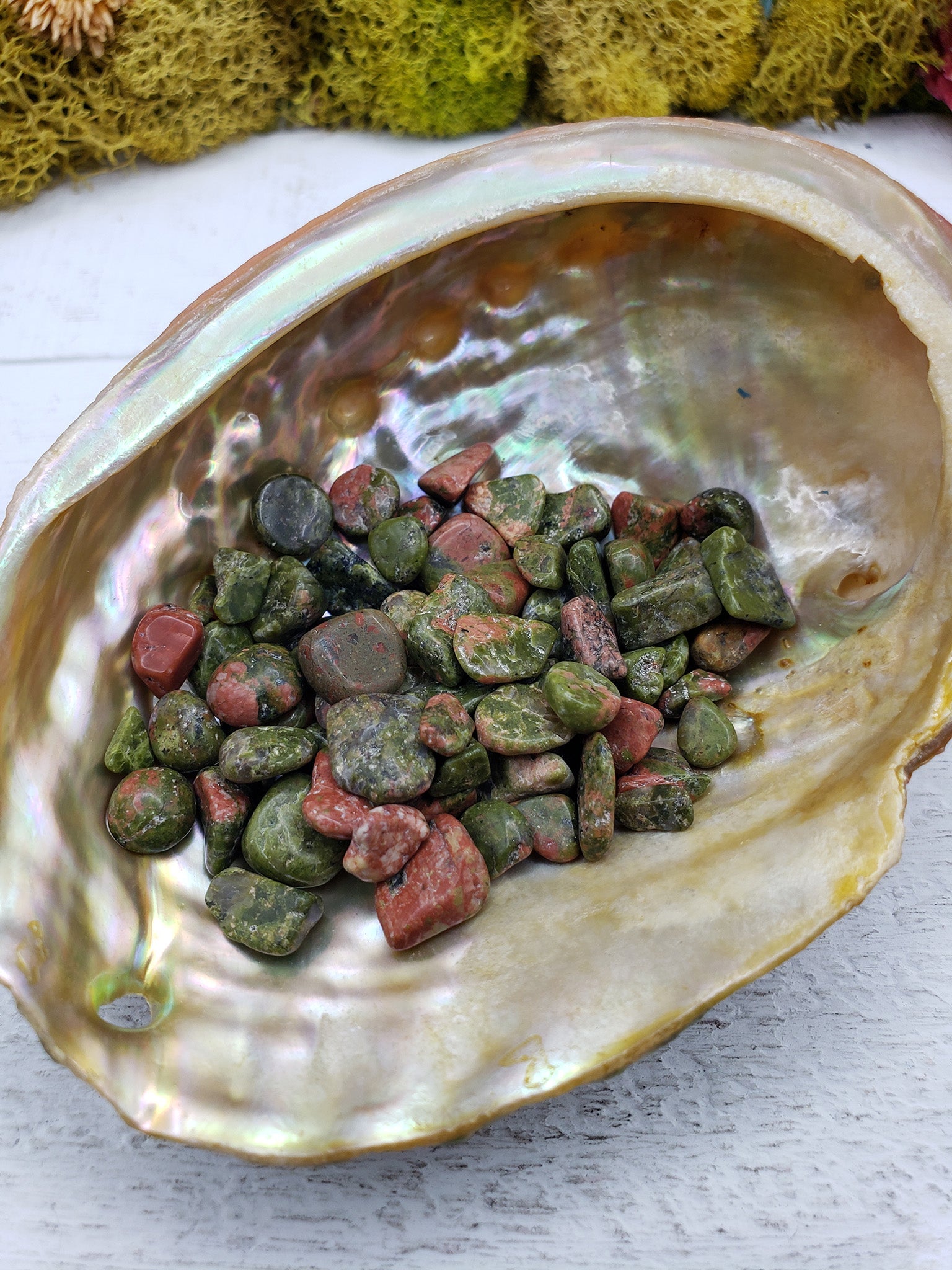 1 ounce of unakite stone chips in abalone shell