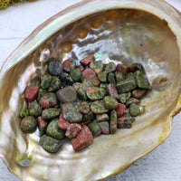 1 ounce of unakite stone chips in abalone shell